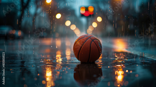 Rain-Soaked Basketball on a Reflective Urban Street with City Lights