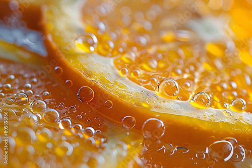 Fresh orange slice in water with bubbles. Close up of fresh ripe oranges. A macro shot capturing the vibrant texture and water drops on a fresh orange slice