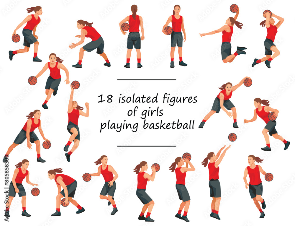 Women's basketball girl players in red jersey standing with the ball, running, jumping, throwing, dunking, shooting, passing the ball