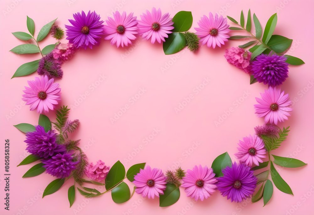 purple flowers and leaves frame on a pastel pink background