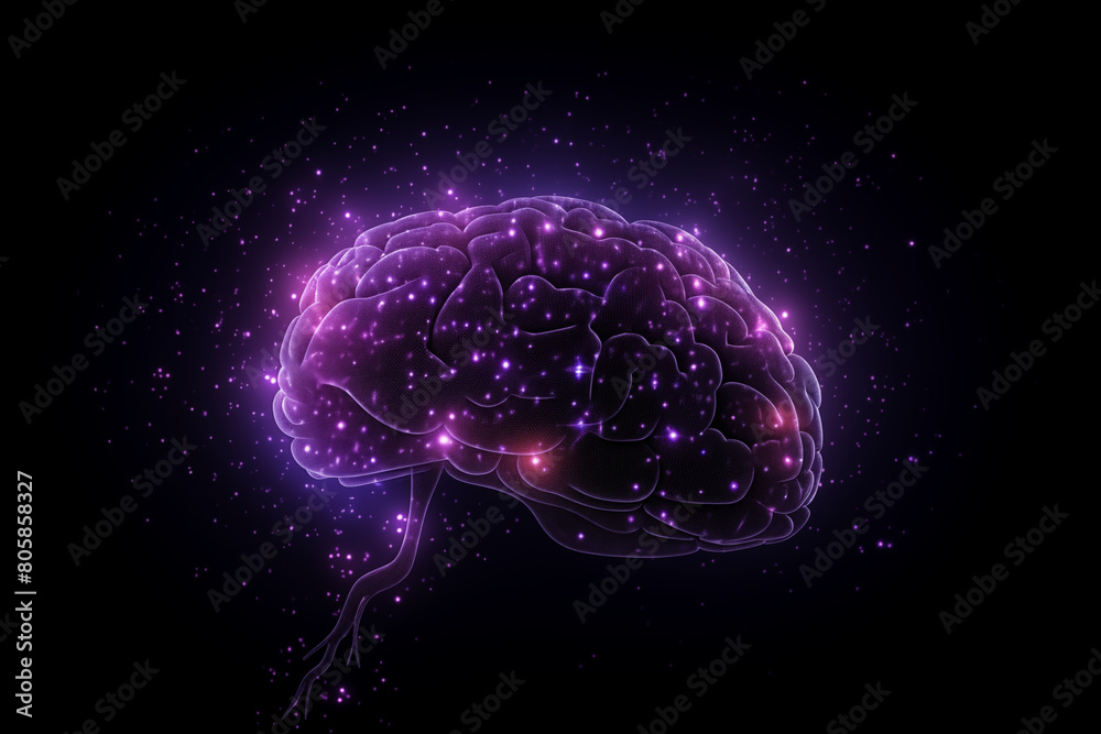 A glowing purple brain with dots and lines, vector illustration in the style of flat design A glowing purple brain with dots and lines, vector illustration in the style of flat design