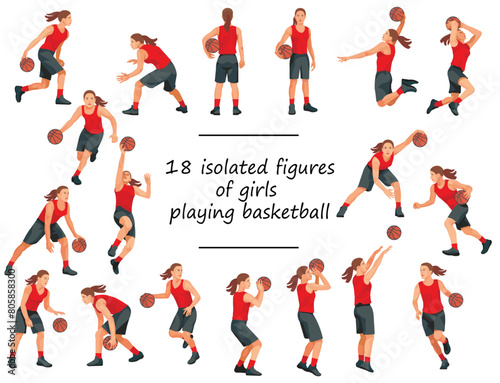 Women s basketball girl players in red jersey standing with the ball  running  jumping  throwing  dunking  shooting  passing the ball