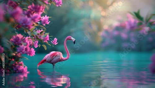 Pink Flamingo Standing in Misty Tropical Waters photo