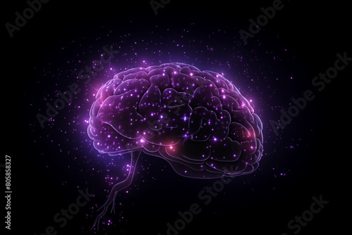 A glowing purple brain with dots and lines, vector illustration in the style of flat design