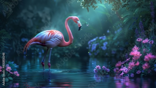 Pink Flamingo Standing in Misty Tropical Waters photo