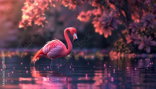 Pink Flamingo in a Mystical Floral Lake at Twilight photo