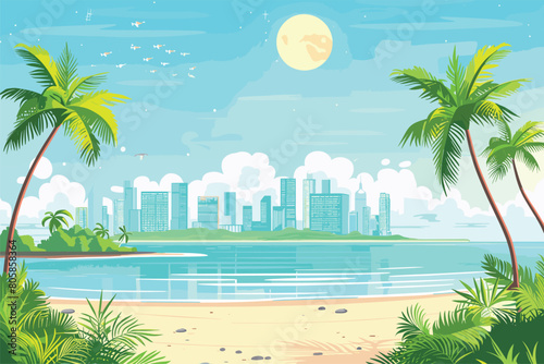 Ocean beach with small island, Tropical beach with city landscape background, Tropical beach, Sea beach, Summer sea scape, Tropical summer beach landscape vector illustration