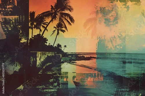 Colorful collage with palm trees, simple shapes and retro grunge textures. The image is abstract and has a tropical vibe. Trendy collage composition wallpaper modern art. (ID: 805858379)