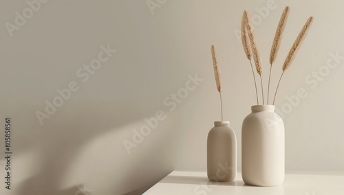 Minimalist Vases with Dried Wheat on Neutral Background