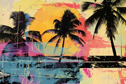 Colorful collage with palm trees, simple shapes and retro grunge textures. The image is abstract and has a tropical vibe. Trendy collage composition wallpaper modern art.