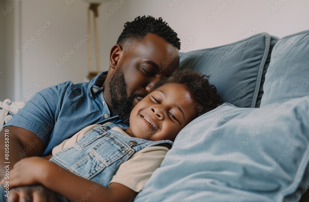 Peaceful Father-Son Bonding Moment in Bed Peaceful Father-Son Bonding Moment in Bed