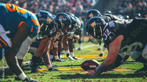 American football players in a tense lineup during a game, with focus on the scrimmage line photo
