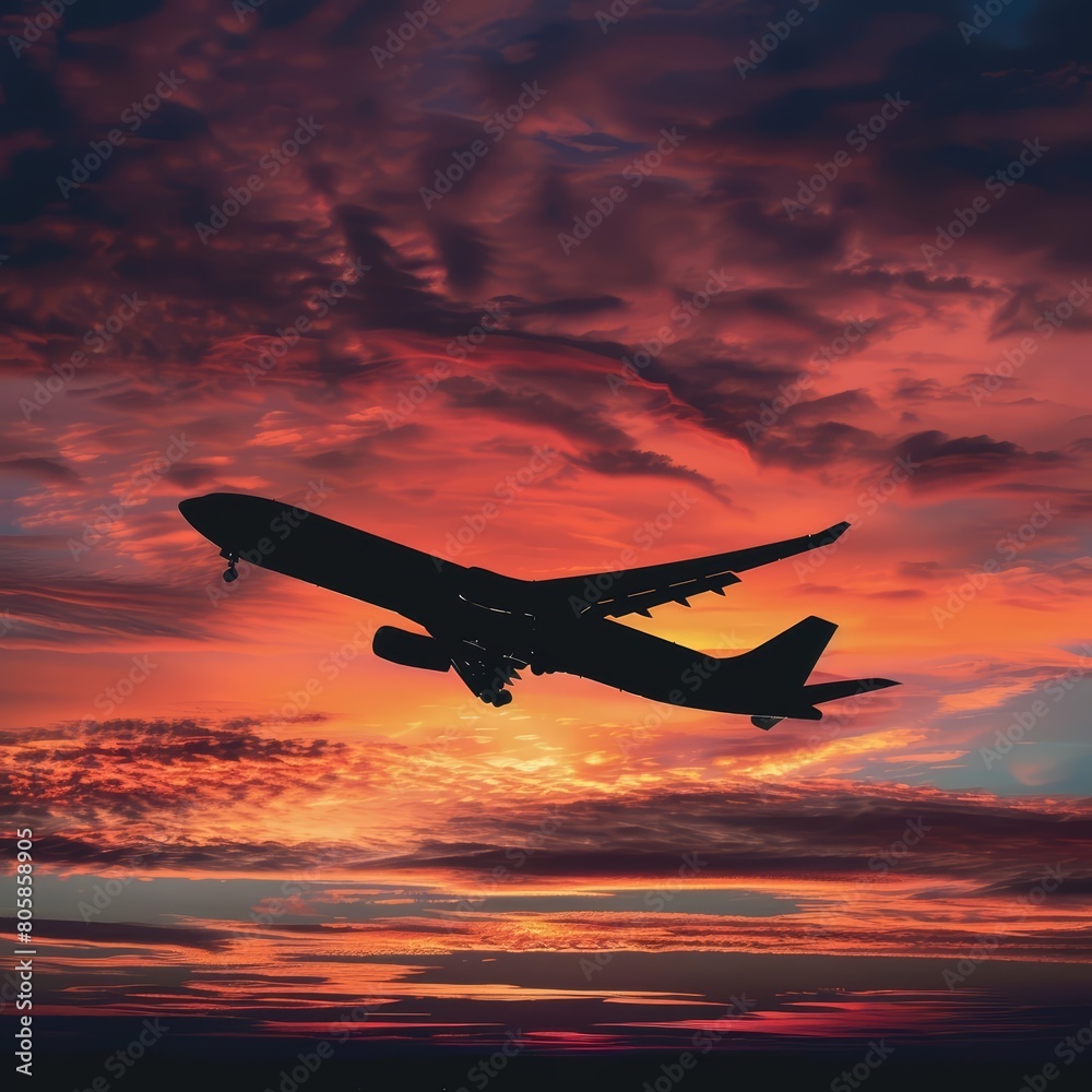 A cargo plane arcs across a sunset sky A cargo plane arcs across a sunset sky