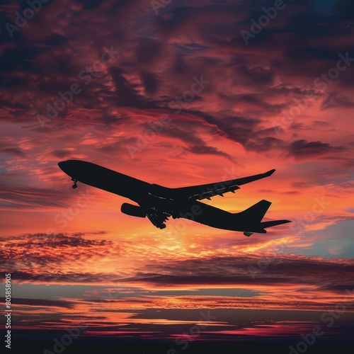 A cargo plane arcs across a sunset sky