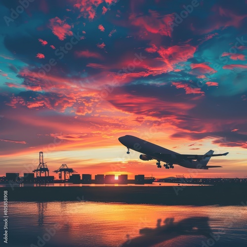 A cargo plane arcs across a sunset sky