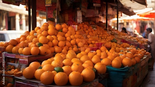 A vibrant market stall piled high with oranges of various sizes and hues, tempting shoppers with their sweet aroma.