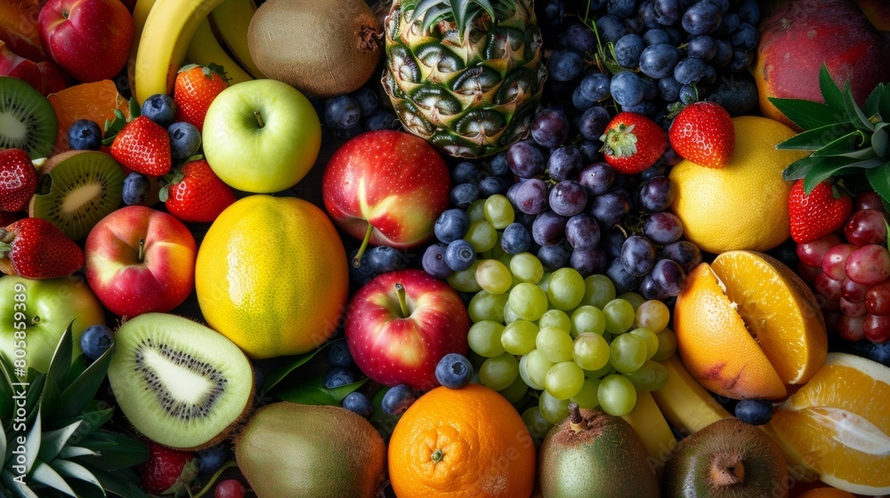 A vibrant and colorful display of various fruits, including pineapples, apples, oranges, grapes, bananas, blueberries, strawberries, kiwi, peaches, grapefruit, mangoes, black plums.