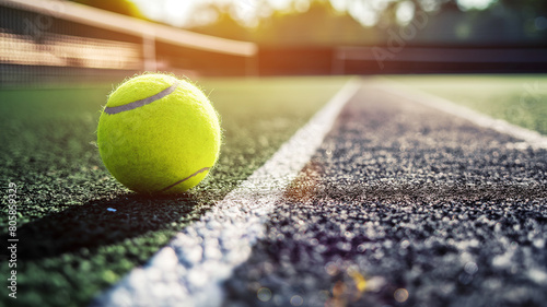 A vibrant yellow tennis ball rests on a green court line, poised and ready for a competitive match or leisure play under bright sunlight.