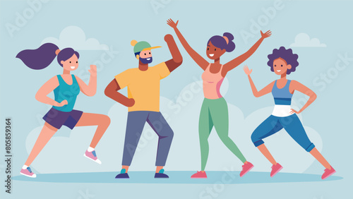 A group of health vloggers try out a lowimpact dance workout sharing their thoughts on how it caters to all fitness levels and abilities.. Vector illustration