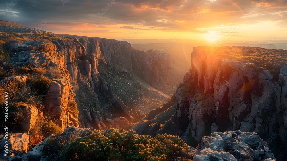 Fototapeta premium Golden hour, warm spring, deep inlets surrounded by steep, narrow cliffs.