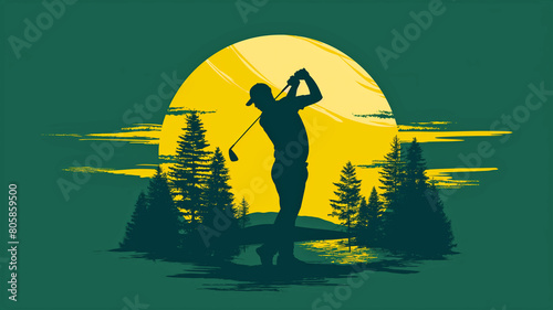 silhouette of a person with a golf course illustration 