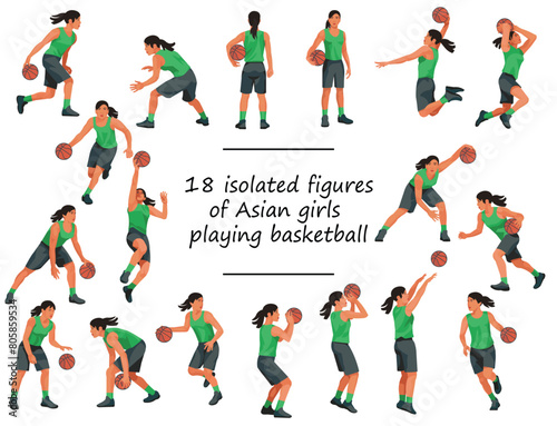 Thai or japan women s basketball girl players standing with the ball  running  jumping  throwing  shooting  dunking the ball