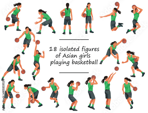 Thai or japan women's basketball girl players standing with the ball, running, jumping, throwing, shooting, dunking the ball