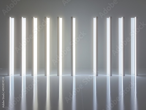 A row of evenly spaced  glowing vertical lights in a clean  white space reflects on a glossy floor  evoking a sense of order and modernity.
