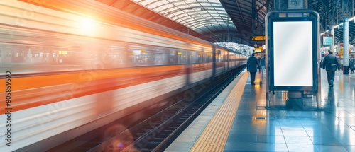 Fototapeta Naklejka Na Ścianę i Meble -  A creative white blank mockup at a train station adds an element of surprise among the rushing travelers, white blank poster billboard Sharpen with large copy space