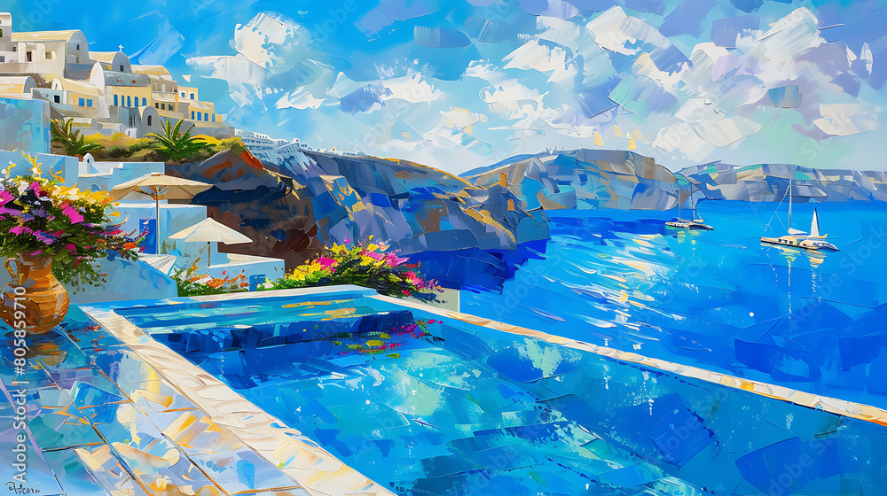 Swimming pool in Santorini on a private terrace oil painting