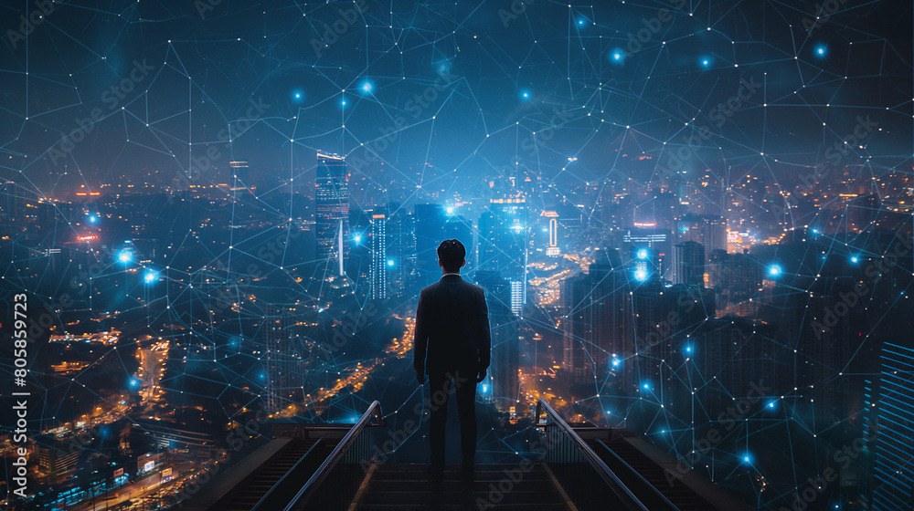 Fototapeta premium Rear view of young businessman standing on top of staircase and looking at night city skyline with double exposure of wireframe city interface. Concept of smart city and internet of things.