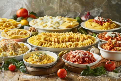 A festive display of Italian pasta dishes, from lasagna to carbonara, celebrates the diversity of Italys flavors, with solid background and copy space on center for advertise photo