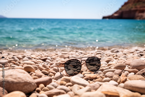 Wallpaper Mural A pair of sunglasses is sitting on a beach. The beach is rocky and the water is blue Torontodigital.ca