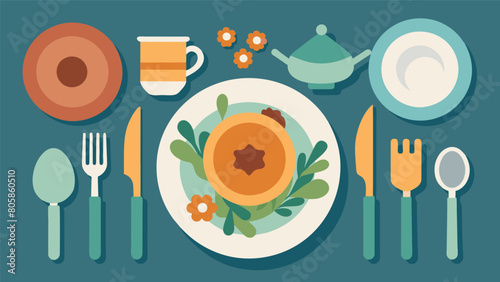 A table setting featuring mismatched plates and silverware collected from various consignment shops promoting an environmentally friendly and unique. Vector illustration
