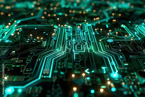 An abstract circuit board futuristic technology processing scene captures the essence of advanced computing with intricate pathways, Sharpen with copy space