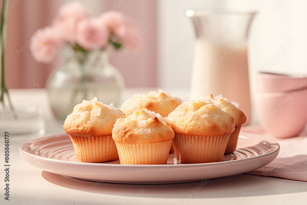 A plate of muffins sits on a table next to a vase of flowers and a glass of milk. High quality photo A plate of muffins sits on a table next to a vase of flowers and a glass of milk. High quality photo