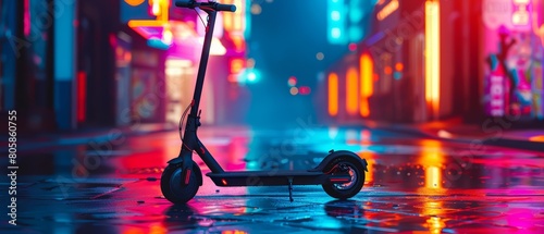 An electric scooter stands ready in a vibrant neonlit street
