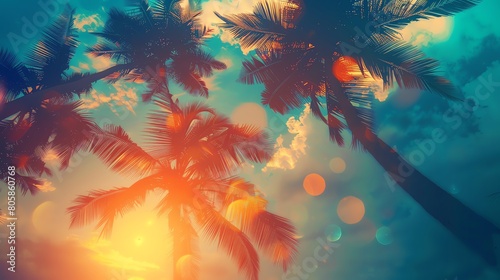 Exotic summer scene with silhouetted palm trees  creating an abstract tropical background