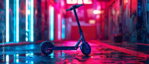 An electric scooter stands ready in a vibrant neonlit street