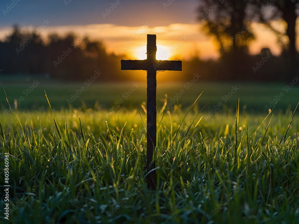 Dawn breaking over a field, casting the silhouette of a cross upon the grass, evoking feelings of reverence and awe in the presence of nature's beauty.