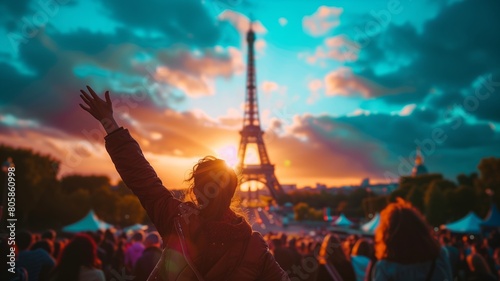 Excited spectator in a crowd of the blurred Eiffel Tower background 