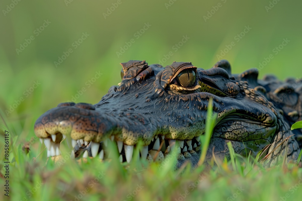 Fototapeta premium Stealthy Alligator Lurking in Grass with Eyes and Teeth Visible