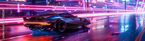 At the heart of a neonlit industrial district  a vintage car speeds along  its path illuminated by the retro wave of the 80s  colored neon lights retro scifi style