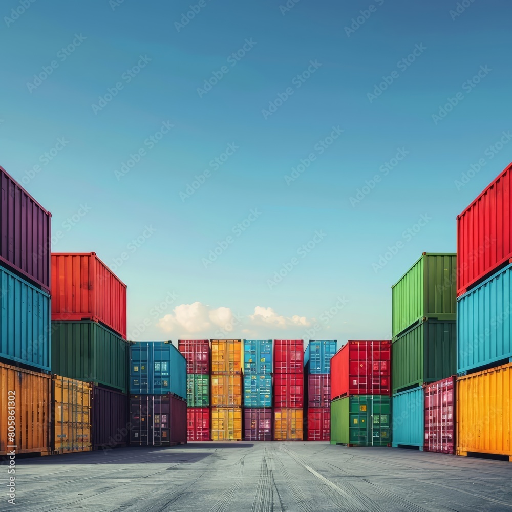 Containers in myriad colors stack neatly in a busy port, symbolizing robust international commerce, surrounded by a minimalist, Sharpen banner template with copy space on center Containers in myriad colors stack neatly in a busy port, symbolizing robust international commerce, surrounded by a minimalist, Sharpen banner template with copy space on center