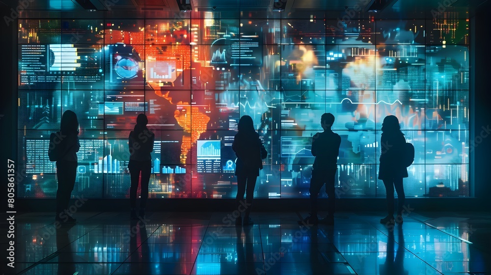 Silhouettes in Front of Vibrant Digital Display of Global Data Analysis and Connectivity Silhouettes in Front of Vibrant Digital Display of Global Data Analysis and Connectivity