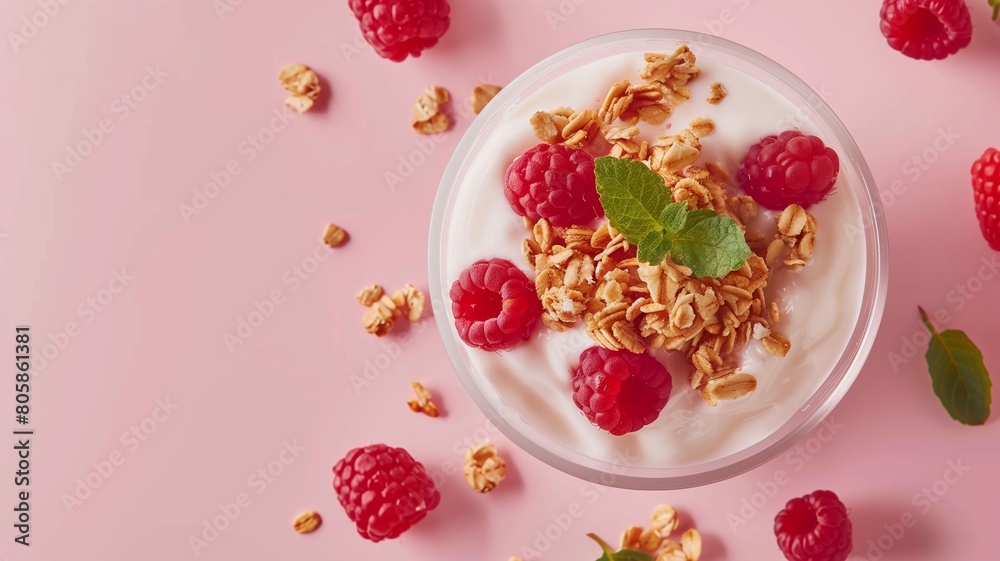 yogurt with jam for breakfast with ample copy space on pastel backdrop yogurt with jam for breakfast with ample copy space on pastel backdrop
