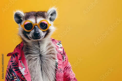 Creative animal concept banner showcases a quirky animal dressed in vibrant, stylish outfits, posing confidently, sharpen banner template with copy space on center