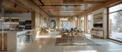 Design Scandinavian interior in 3D architecture emphasizes simplicity and functionality with a touch of coziness, Interior 3d render Sharpen highdetail realistic concept photo