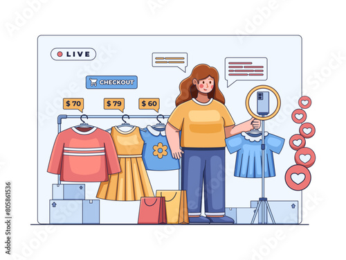 Illustration of live commerce or livestreaming selling, with a person showcasing products to the viewer and interacting in real-time. 
brings together entertainment and retail in a digital experience