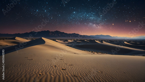 Desert Dreams  Minimalistic Night Landscape of Serene Dunes Beneath a Mesmerizing Gradient Starlit Sky.